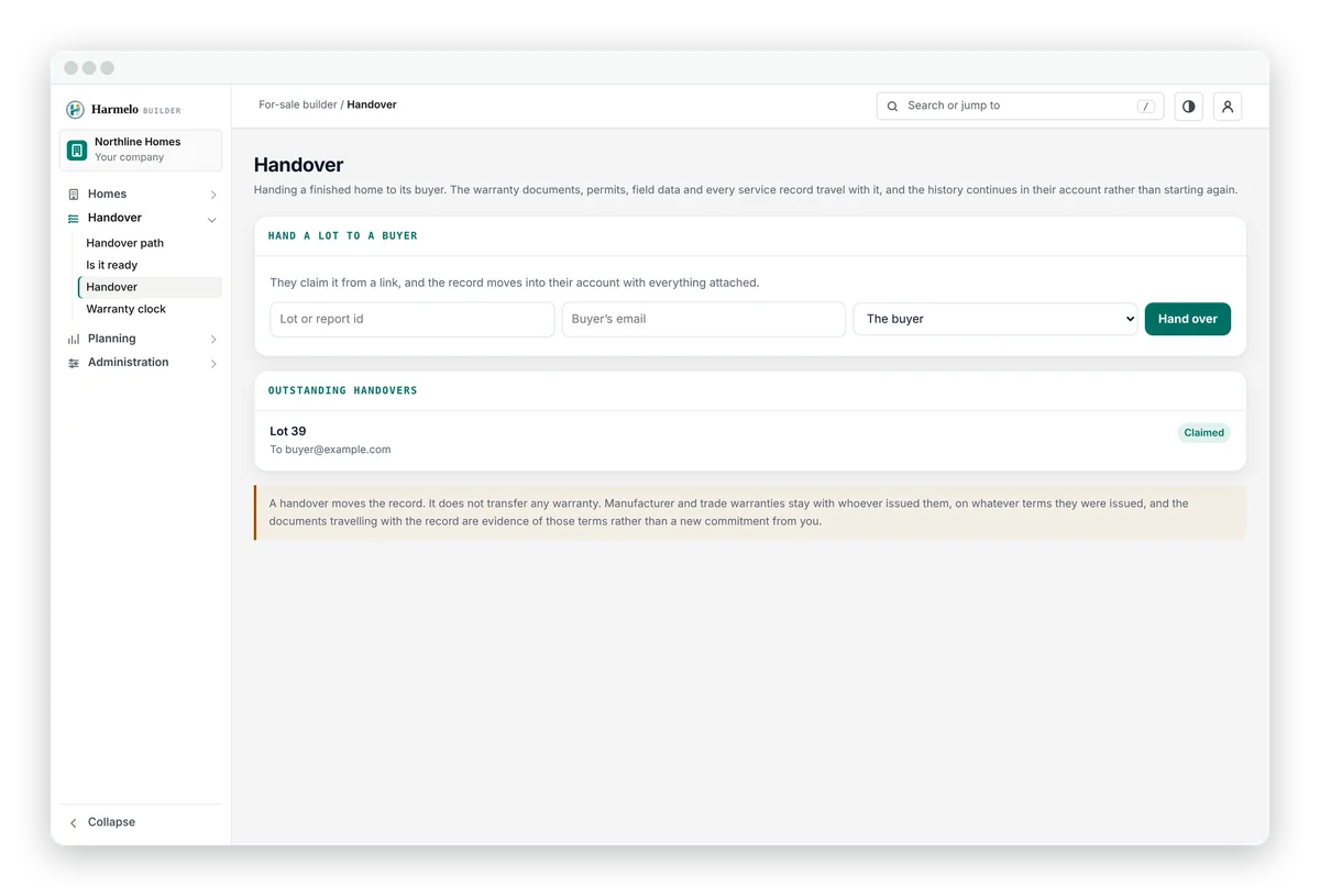 Builder console, handover: hand a lot to a buyer and track outstanding handovers