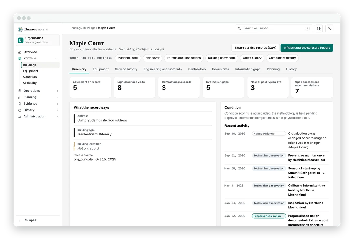 Building record for Maple Court, a fictional building: tools for the building, equipment on record, signed service visits, contractors, information gaps and recent activity.
