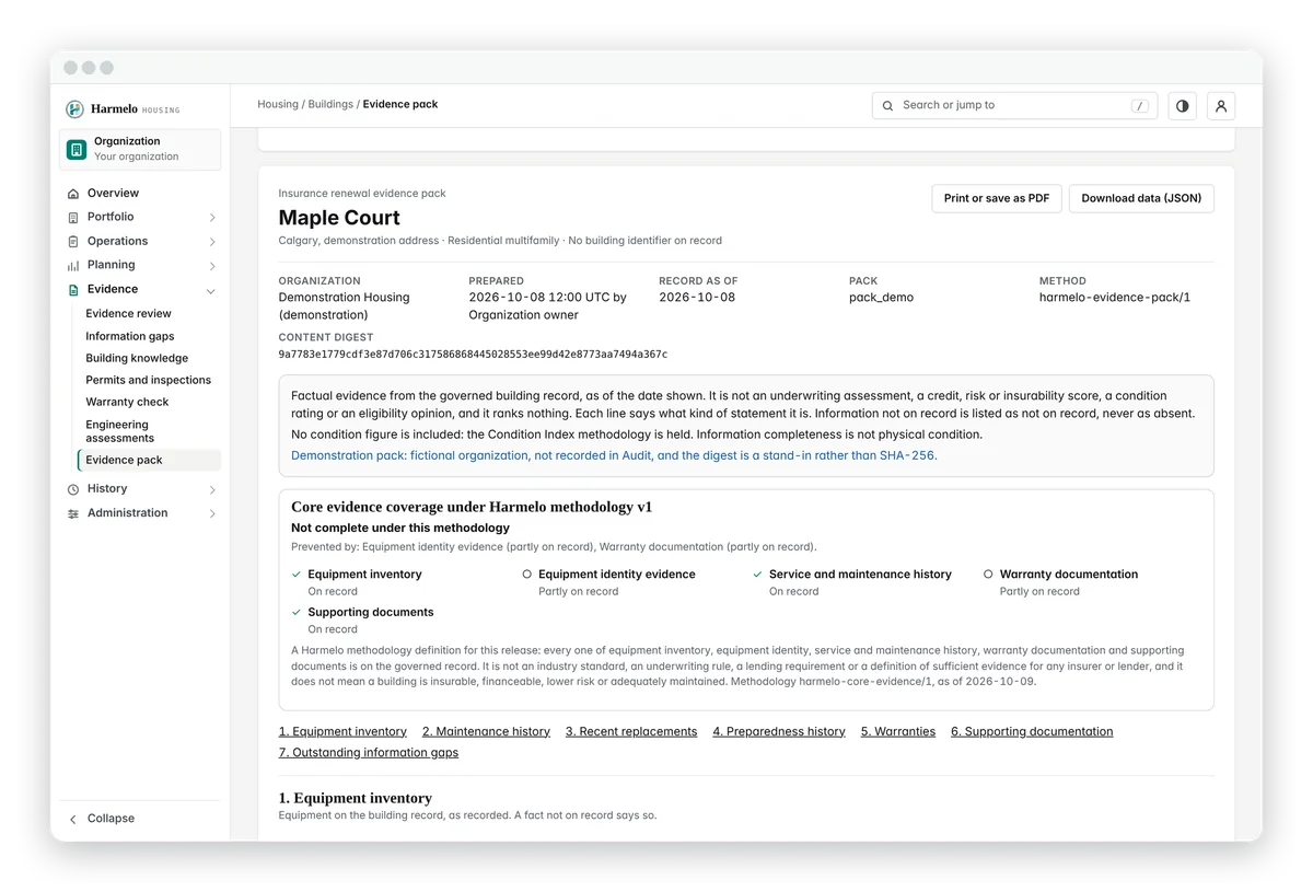 Evidence pack for an insurance renewal, with its content digest and statement classes.
