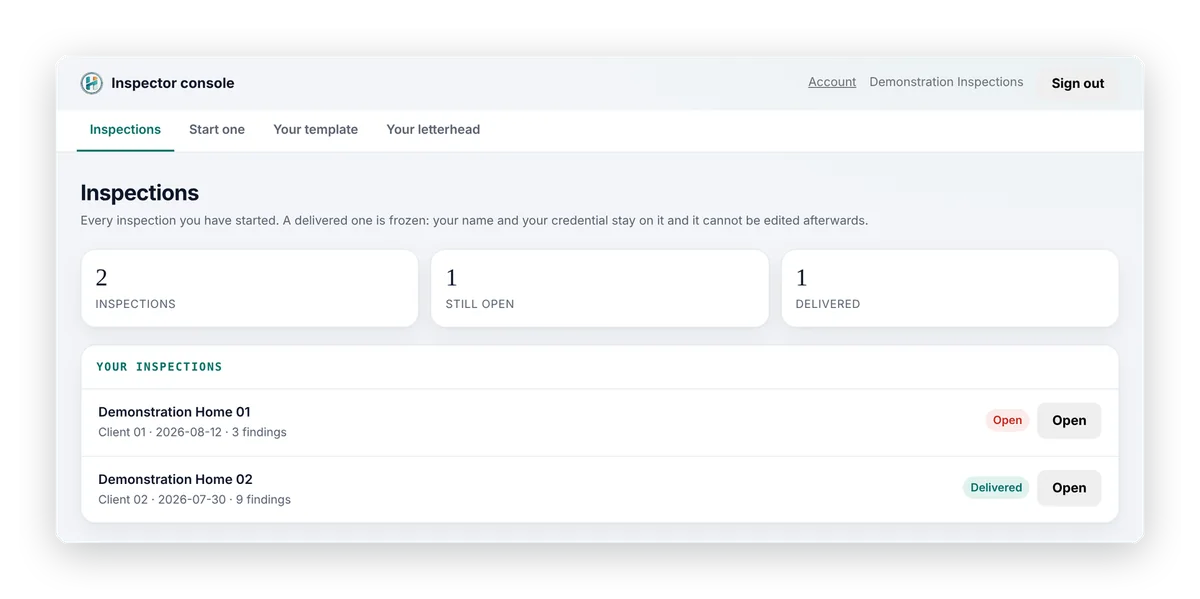 Inspector console, inspections: open and delivered