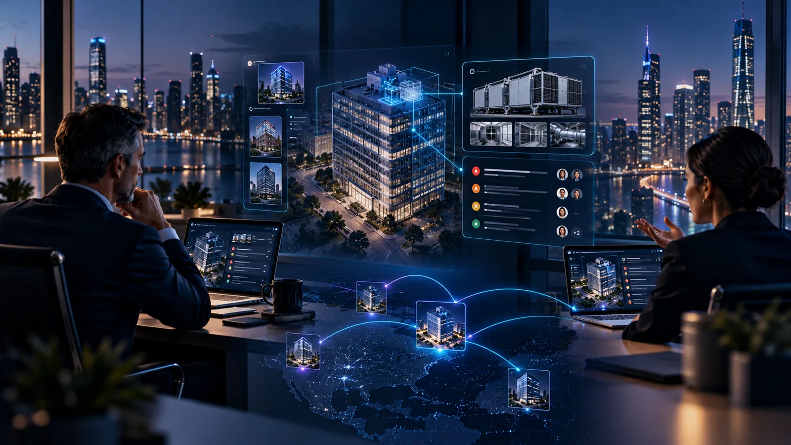 Two building executives at a window overlooking a city at night, reviewing a connected portfolio of buildings
