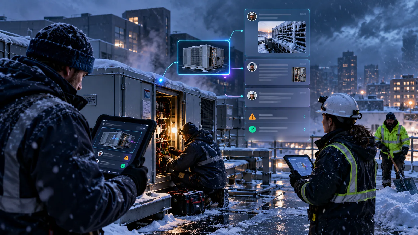 A maintenance technician, a contractor and a grounds crew work on rooftop equipment together in heavy snow, sharing information on tablets