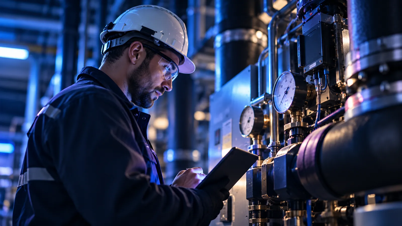 A technician in a hard hat records readings on a tablet beside boiler-room piping and gauges.