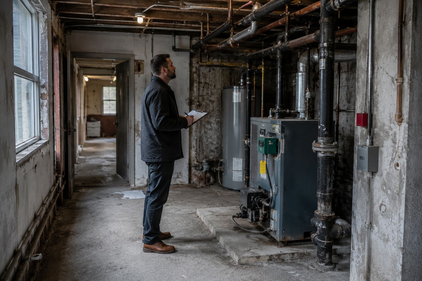 A consultant with a clipboard standing in an ageing utility room, assessing a boiler and water heater by eye